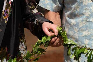 Two hands hold a garland of greenery, symbolizing connection, unity, and tradition, set against a bright outdoor backdrop.