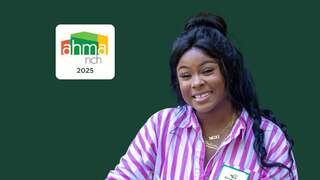 A smiling woman in a striped shirt poses for a photo, with a logo displaying "ahma 2025" in the corner.