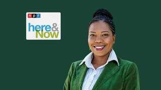 A woman smiles confidently, wearing a green blazer and white shirt, against a dark background, with the NPR logo and "Here & Now" title displayed.
