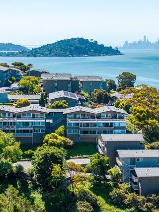 A scenic waterfront view featuring modern buildings, lush greenery, and an island backdrop, with a distant city skyline framed by blue skies.