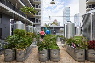 A bustling urban garden features metal planters with lush plants, water tanks, and modern buildings in the background under a partly cloudy sky.