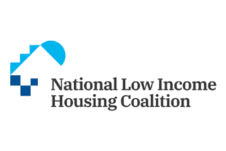 A blue house icon with a stylized roof is accompanied by the text "NATIONAL LOW INCOME HOUSING COALITION" in bold black letters.