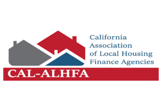 Logo featuring stylized houses in gray, red, and blue, alongside the text "California Association of Local Housing Finance Agencies" and "CAL-ALHFA."