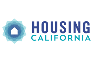 A logo featuring a stylized house and geometric shapes with the text "HOUSING CALIFORNIA" in a modern font, emphasizing housing initiatives.