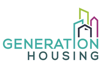 A logo featuring the words "Generation Housing" with colorful, stylized house silhouettes above the text, symbolizing community and housing.