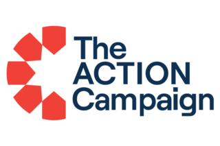 A logo featuring a red geometric design on the left and bold blue text that reads "The ACTION Campaign" on the right.