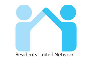 Two stylized figures with raised arms symbolize unity, accompanied by the text "Residents United Network" below.