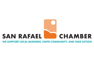 Logo featuring a stylized sun and hills, with "San Rafael Chamber" underneath and a tagline about supporting local business and community.