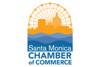 Logo features a wheel design above waves, representing Santa Monica. Text highlights "Chamber of Commerce" in a professional style.
