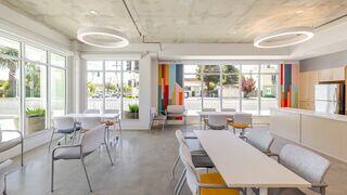 A bright and modern communal space with large windows, minimalist furniture, and colorful accent walls, ideal for socializing or working.