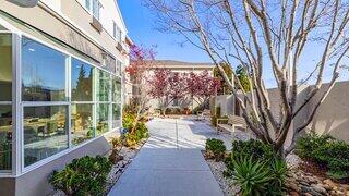A serene courtyard featuring a clean pathway, lush greenery, flowering trees, and comfortable seating under a bright blue sky.