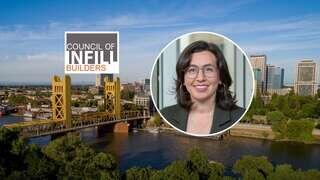 A city skyline features a prominent bridge, with a circular portrait of a smiling woman alongside the "Council of Infill Builders" logo.