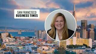 A skyline view of San Francisco features notable buildings, with a professional portrait framed alongside the text "San Francisco Business Times."