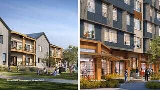 Two modern buildings side by side, showcasing contemporary architecture and outdoor spaces, inviting community interaction and greenery.
