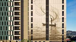 A building features a large mural of a fisherman in a boat, with artistic waves and smoke rising, blending nature with urban architecture.