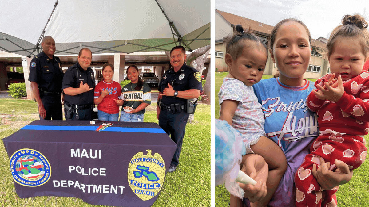 Two interactions with police: one group photo with officers and children, and another featuring a woman holding two toddlers.