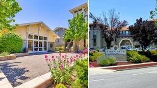 Two residential buildings, San Clemente and Vista Park II, featuring landscaping, a clear blue sky, and a welcoming atmosphere.