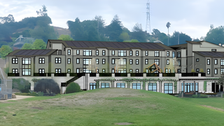 Artist rendering of Bayfront Terrace surrounded by trees and next to a park.