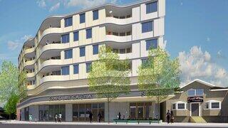 Artist rendering of exterior close-up of 500 Lake Park