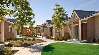 Arbor Court exterior featuring a courtyard-style community with single-story homes, walking paths, and central gathering pergola.