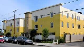 Exterior view of Rayen Apartments, a modern yellow and white building with clean lines, street-facing entrance, and nearby parked cars.