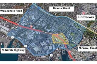 Aerial map of the Iwilei area in Honolulu highlighting the planned development zone near Kuwili Street, with surrounding landmarks including N. Nimitz Highway, H-1 Freeway, Halona Street, Waiakamilo Road, and the Nuʻuanu Canal.