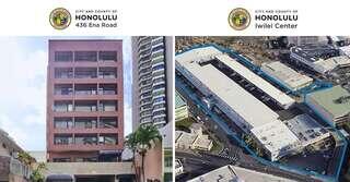 Exterior view of a high-rise residential building at 436 Ena Road in Honolulu, showing an existing housing property within an urban neighborhood. Aerial view of the Iwilei Center site in Honolulu, outlined to show the development area for a future affordable housing community.